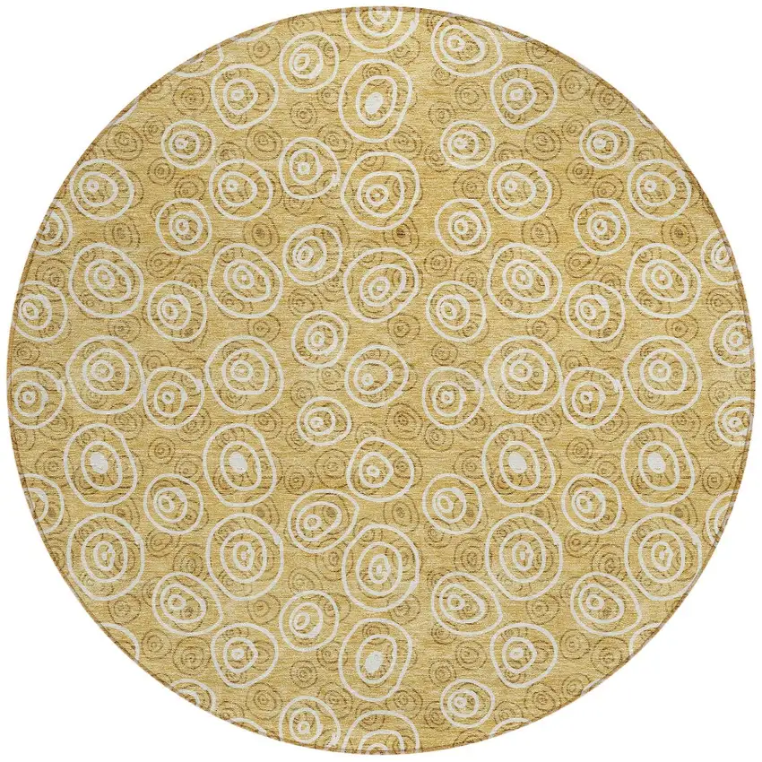 8' Gold Beige And Ivory Round Geometric Washable Indoor Outdoor Area Rug Photo 5