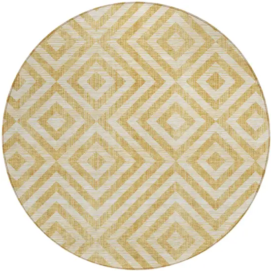 8' Gold Beige And Ivory Round Geometric Washable Indoor Outdoor Area Rug Photo 2