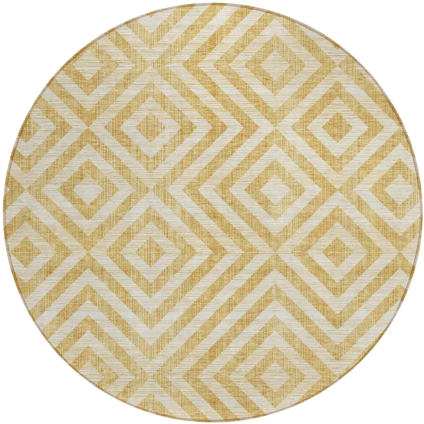 8' Gold Beige And Ivory Round Geometric Washable Indoor Outdoor Area Rug Photo 2