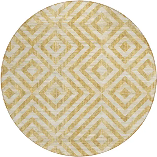 8' Gold Beige And Ivory Round Geometric Washable Indoor Outdoor Area Rug Photo 2