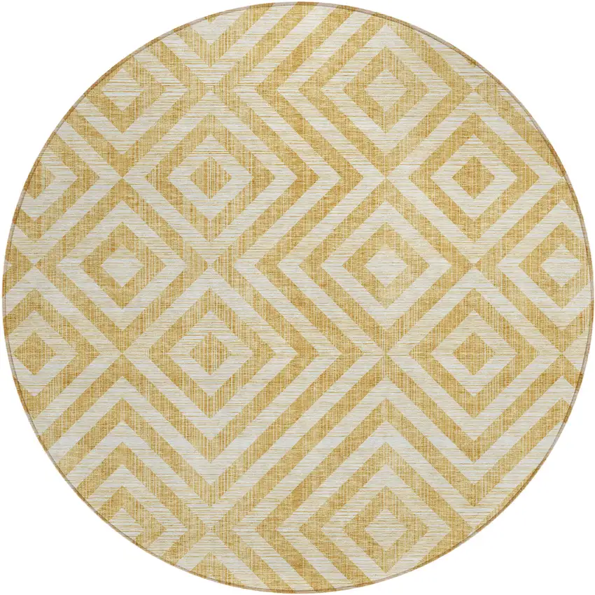 8' Gold Beige And Ivory Round Geometric Washable Indoor Outdoor Area Rug Photo 2