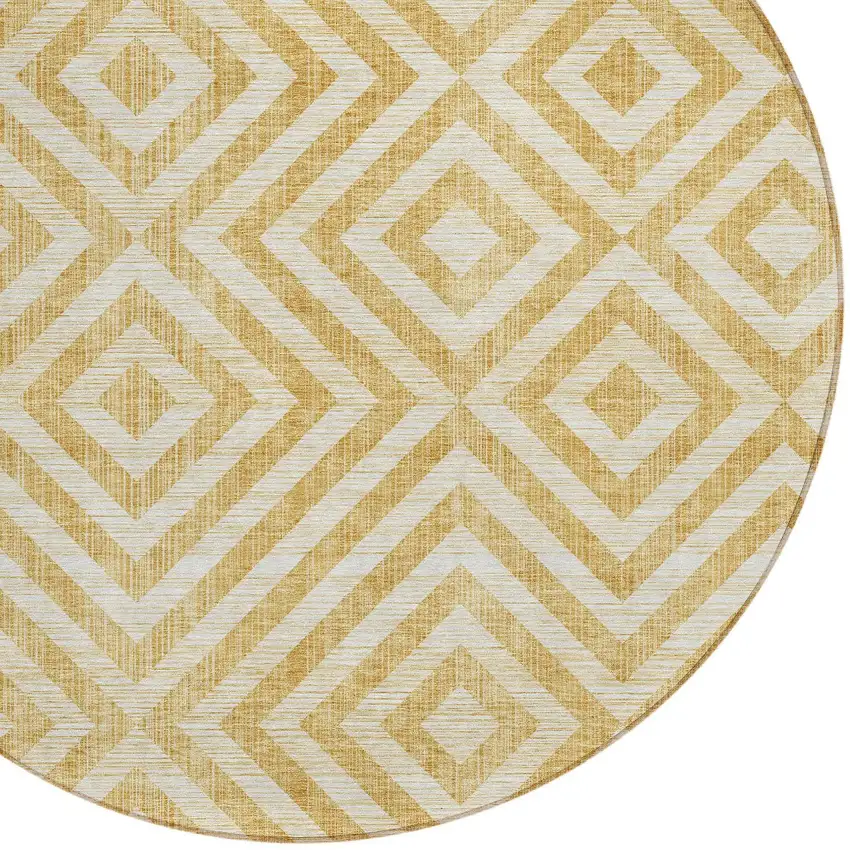 8' Gold Beige And Ivory Round Geometric Washable Indoor Outdoor Area Rug Photo 5