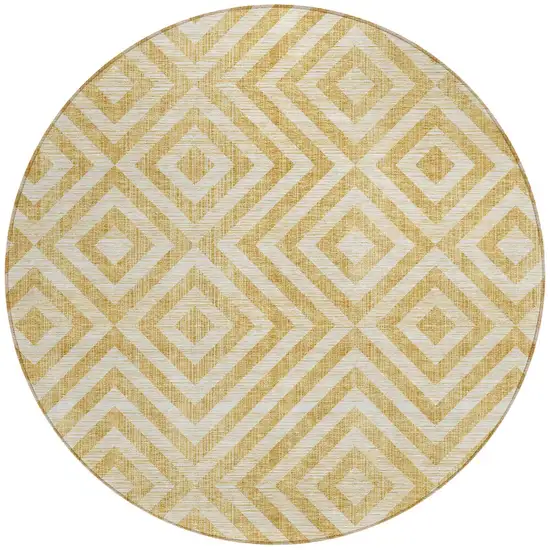 8' Gold Beige And Ivory Round Geometric Washable Indoor Outdoor Area Rug Photo 7