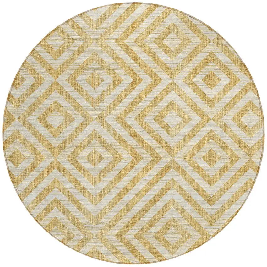 8' Gold Beige And Ivory Round Geometric Washable Indoor Outdoor Area Rug Photo 7