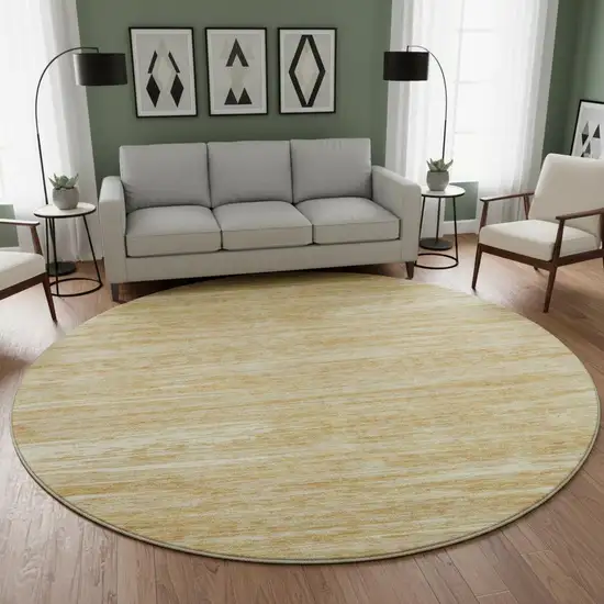 8' Gold Beige And Ivory Striped Washable Round Rug With UV Protection Photo 2