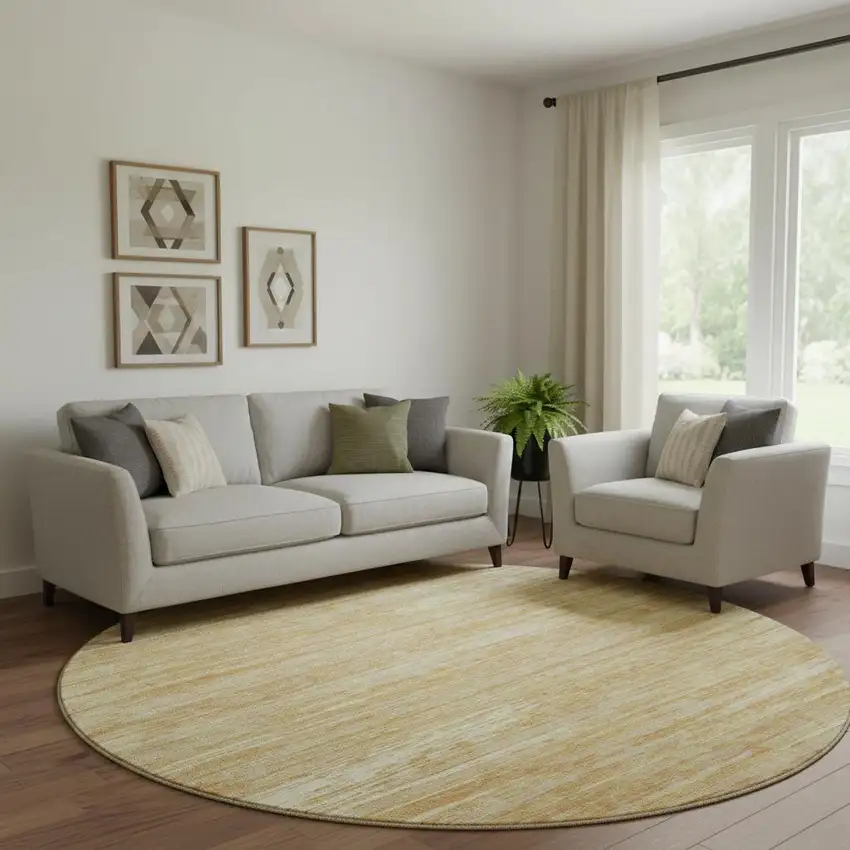 8' Gold Beige And Ivory Striped Washable Round Rug With UV Protection Photo 1