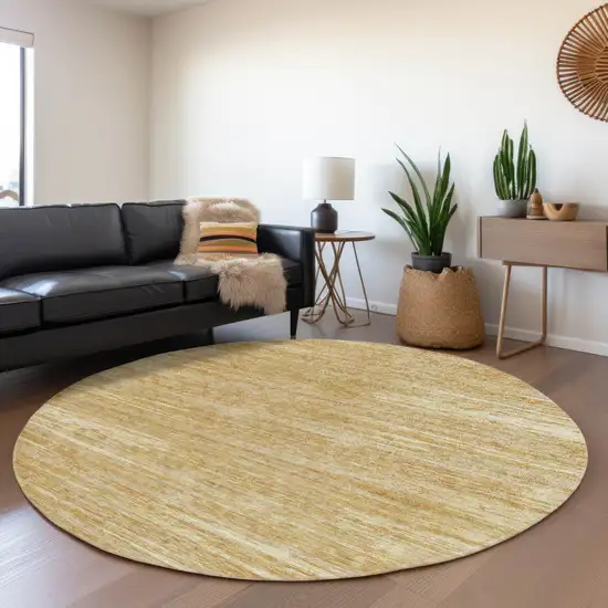 8' Gold Beige And Ivory Striped Washable Round Rug With UV Protection Photo 5