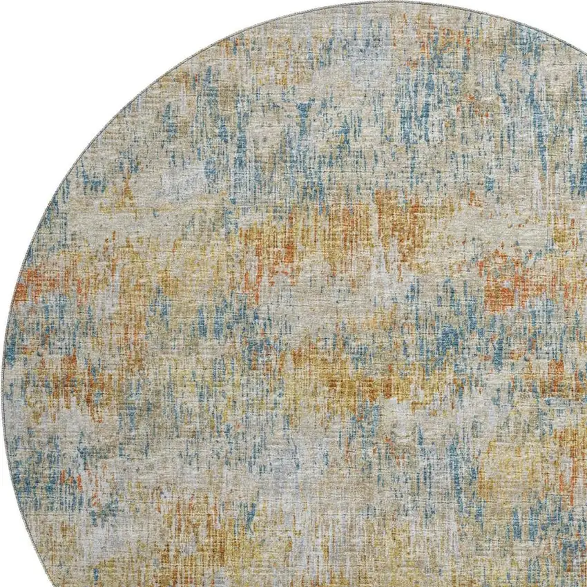 8' Gold Beige And Orange Round Abstract Washable Indoor Outdoor Area Rug Photo 5