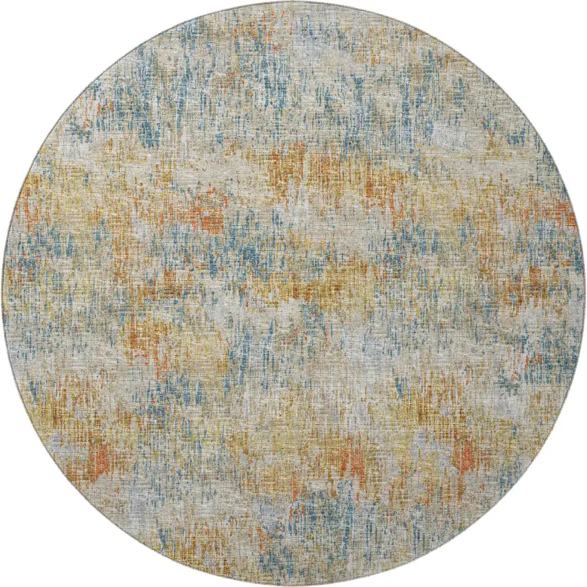 8' Gold Beige And Orange Round Abstract Washable Indoor Outdoor Area Rug Photo 4