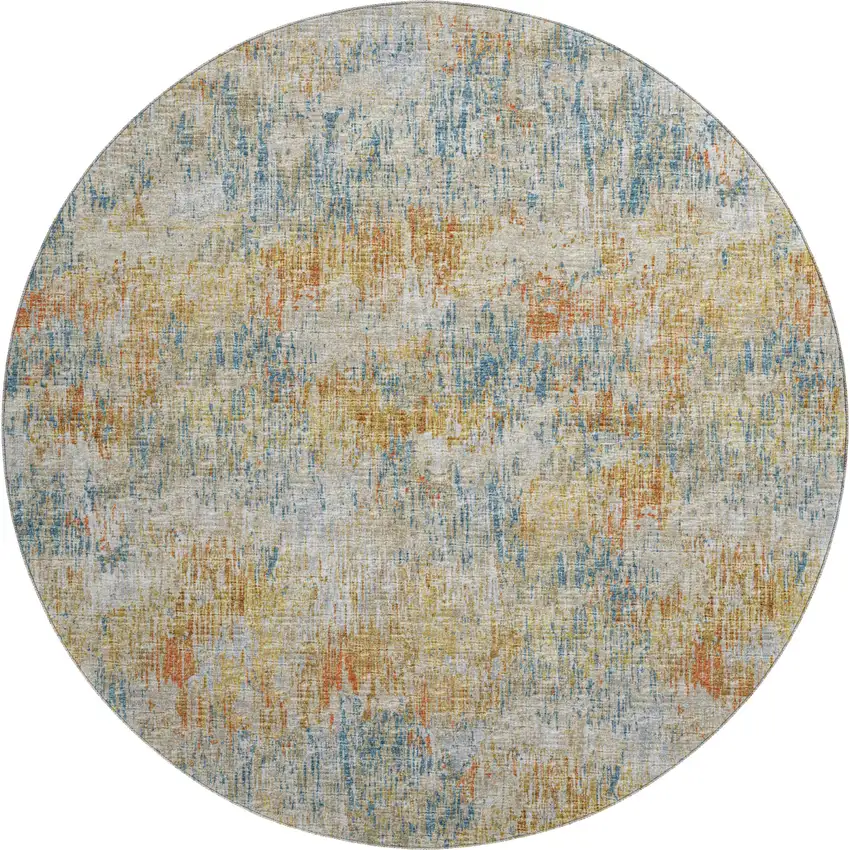8' Gold Beige And Orange Round Abstract Washable Indoor Outdoor Area Rug Photo 2