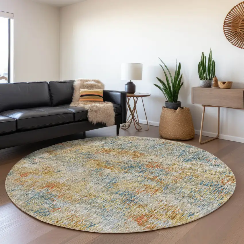 8' Gold Beige And Orange Round Abstract Washable Indoor Outdoor Area Rug Photo 7