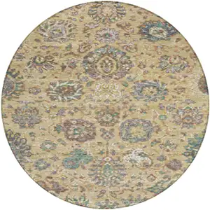 Photo of 8' Gold Beige And Pale Aqua Round Floral Washable Indoor Outdoor Area Rug