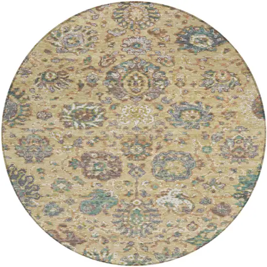 8' Gold Beige And Pale Aqua Round Floral Washable Indoor Outdoor Area Rug Photo 1