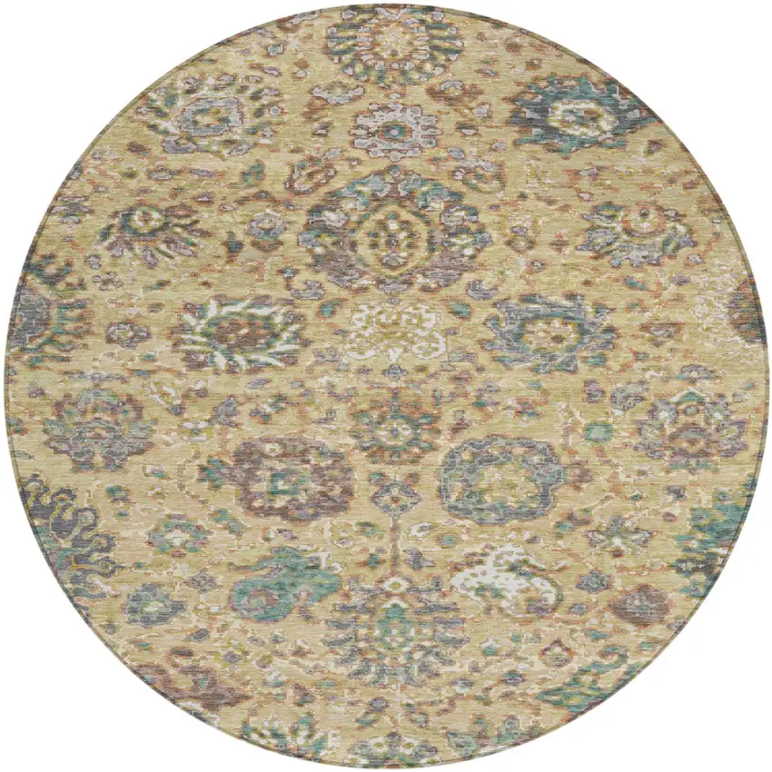 8' Gold Beige And Pale Aqua Round Floral Washable Indoor Outdoor Area Rug Photo 1