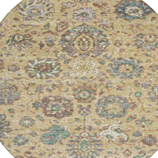 8' Gold Beige And Pale Aqua Round Floral Washable Indoor Outdoor Area Rug Photo 9