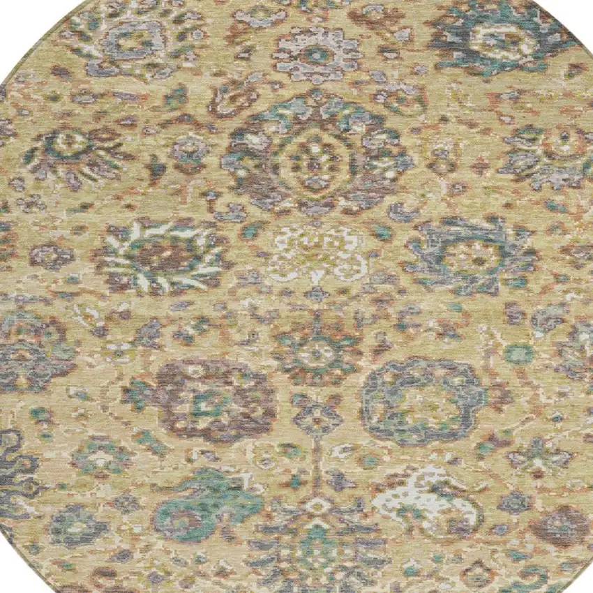 8' Gold Beige And Pale Aqua Round Floral Washable Indoor Outdoor Area Rug Photo 9
