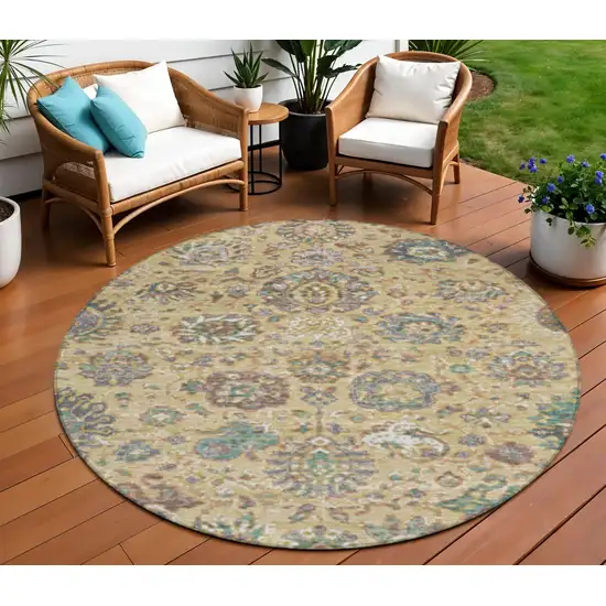 8' Gold Beige And Pale Aqua Round Floral Washable Indoor Outdoor Area Rug Photo 2