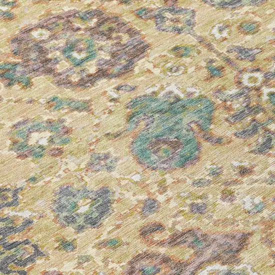 8' Gold Beige And Pale Aqua Round Floral Washable Indoor Outdoor Area Rug Photo 8