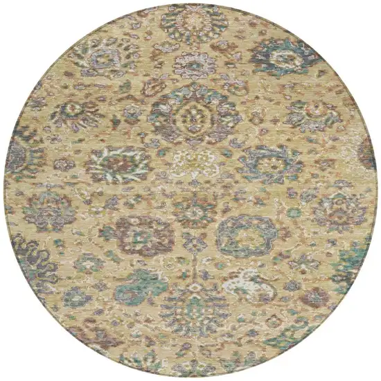 8' Gold Beige And Pale Aqua Round Floral Washable Indoor Outdoor Area Rug Photo 4