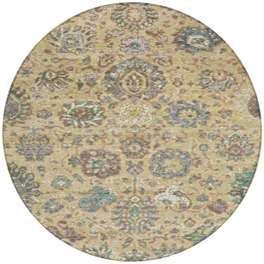 8' Gold Beige And Pale Aqua Round Floral Washable Indoor Outdoor Area Rug Photo 4