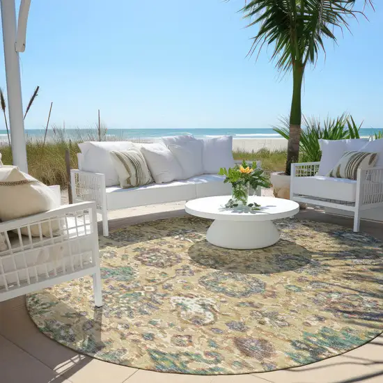 8' Gold Beige And Pale Aqua Round Floral Washable Indoor Outdoor Area Rug Photo 5