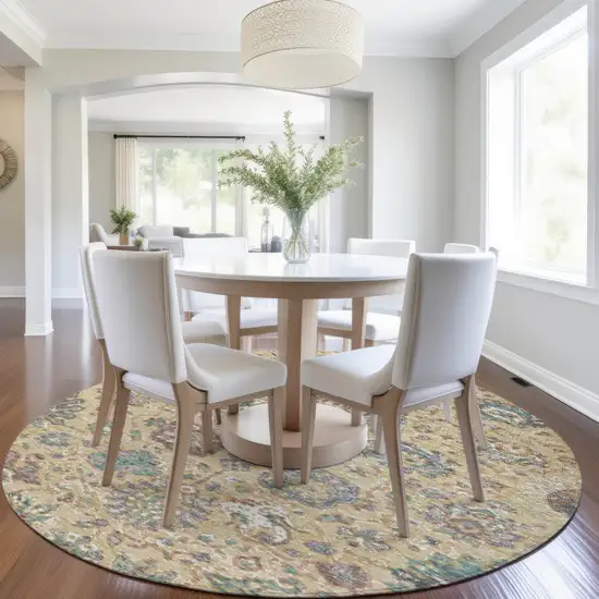 8' Gold Beige And Pale Aqua Round Floral Washable Indoor Outdoor Area Rug Photo 6