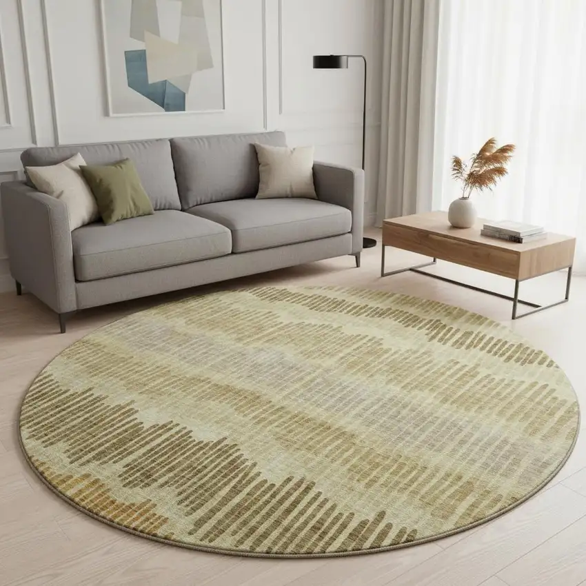 8' Gold Beige And Rust Striped Washable Round Rug With UV Protection Photo 2