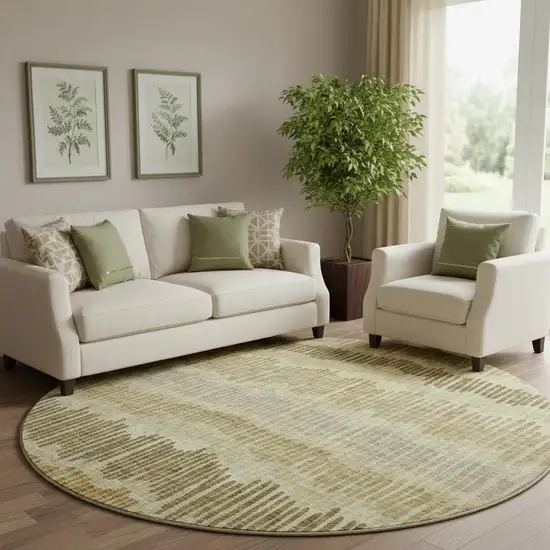 8' Gold Beige And Rust Striped Washable Round Rug With UV Protection Photo 1