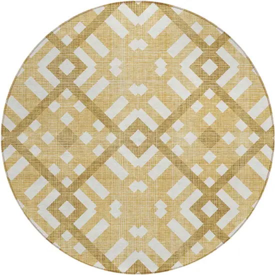 8' Gold Beige And Tan Round Geometric Washable Indoor Outdoor Area Rug Photo 2