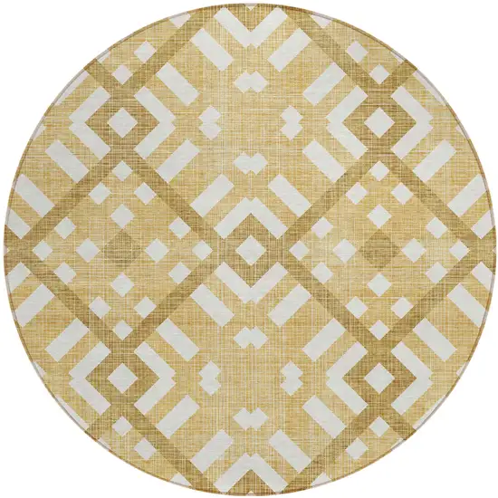 8' Gold Beige And Tan Round Geometric Washable Indoor Outdoor Area Rug Photo 2