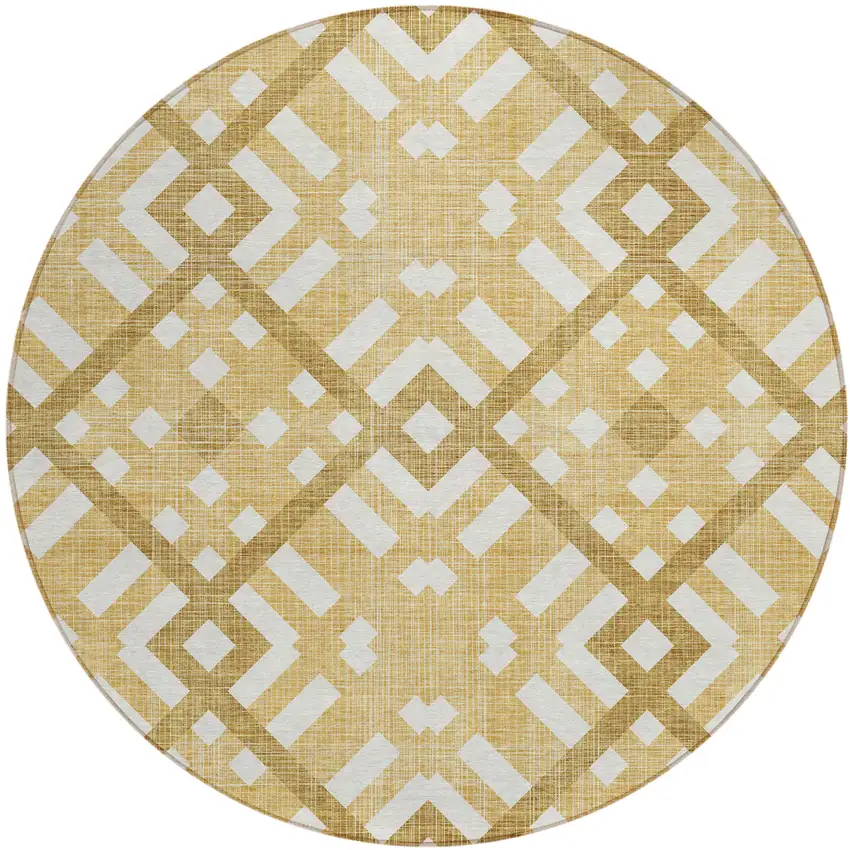 8' Gold Beige And Tan Round Geometric Washable Indoor Outdoor Area Rug Photo 2
