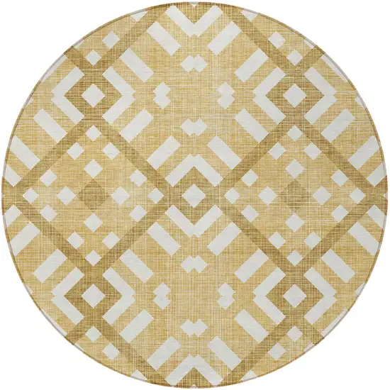 8' Gold Beige And Tan Round Geometric Washable Indoor Outdoor Area Rug Photo 5