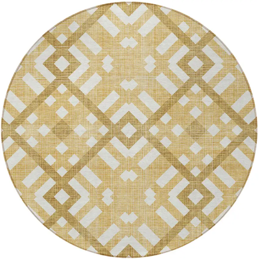8' Gold Beige And Tan Round Geometric Washable Indoor Outdoor Area Rug Photo 5