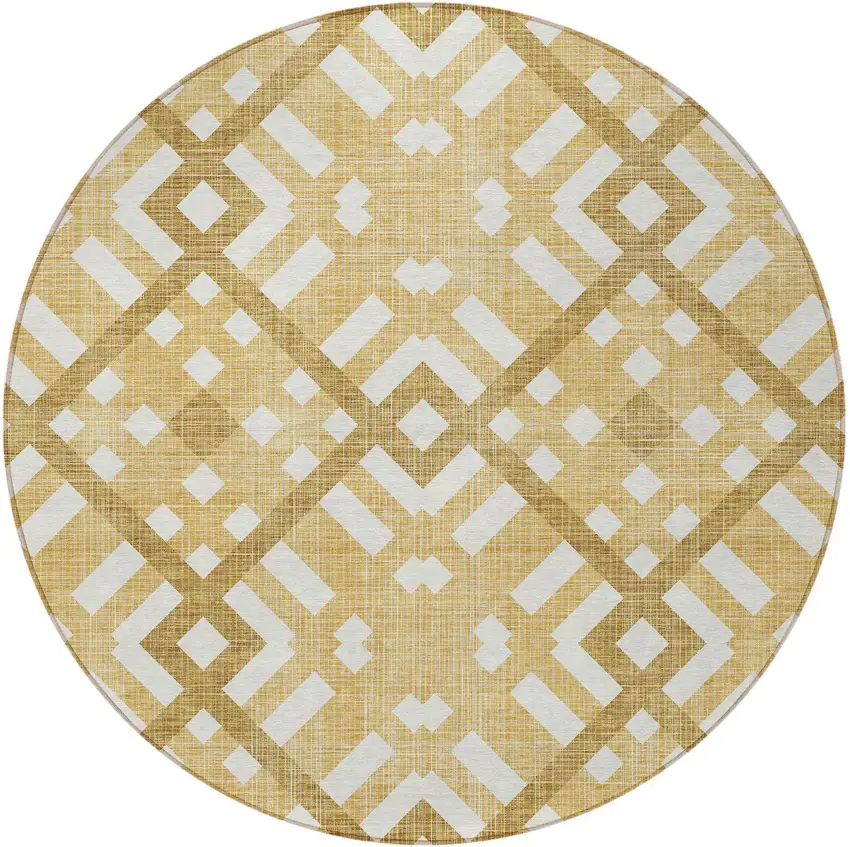 8' Gold Beige And Tan Round Geometric Washable Indoor Outdoor Area Rug Photo 5