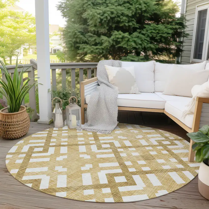 8' Gold Beige And Tan Round Geometric Washable Indoor Outdoor Area Rug Photo 6