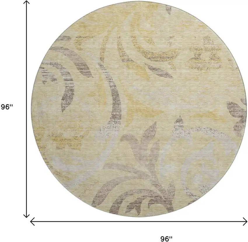 8' Gold Beige And Taupe Floral Washable Round Rug With UV Protection Photo 3