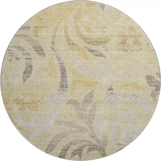 8' Gold Beige And Taupe Floral Washable Round Rug With UV Protection Photo 1