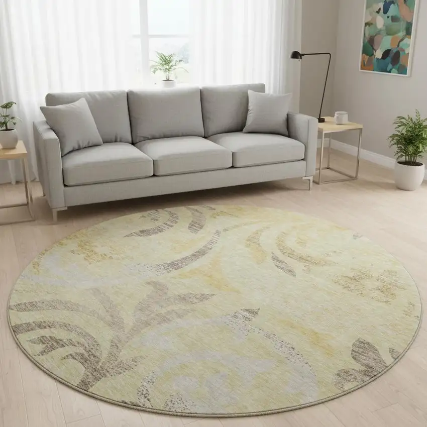 8' Gold Beige And Taupe Floral Washable Round Rug With UV Protection Photo 2
