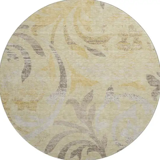 8' Gold Beige And Taupe Floral Washable Round Rug With UV Protection Photo 4