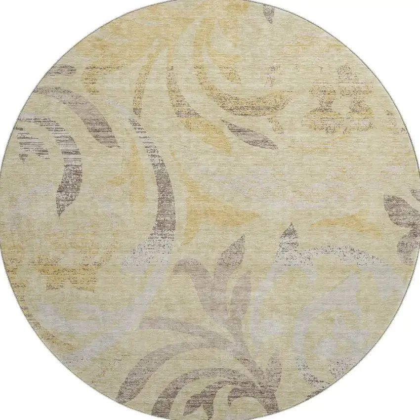 8' Gold Beige And Taupe Floral Washable Round Rug With UV Protection Photo 4