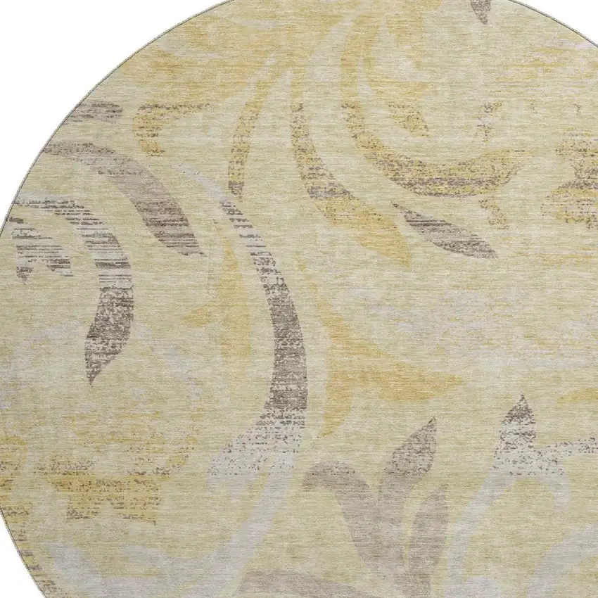8' Gold Beige And Taupe Floral Washable Round Rug With UV Protection Photo 3