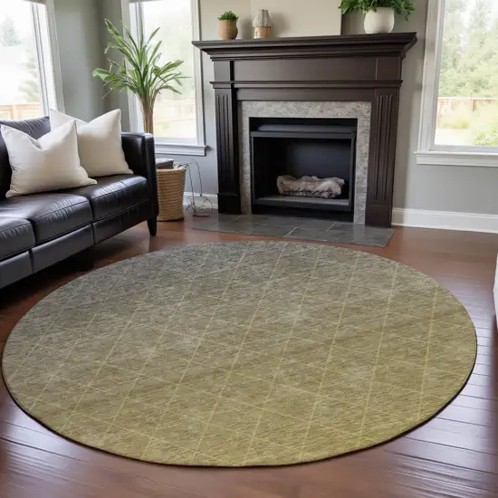 8' Gold Beige And Taupe Geometric Washable Round Rug With UV Protection Photo 4