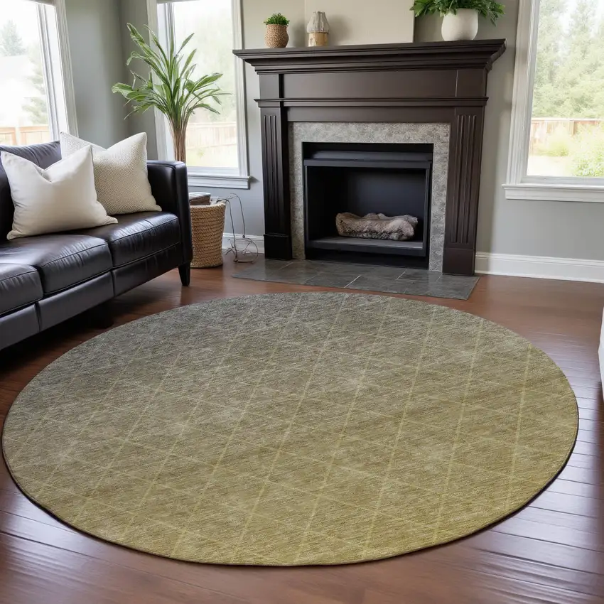 8' Gold Beige And Taupe Geometric Washable Round Rug With UV Protection Photo 4