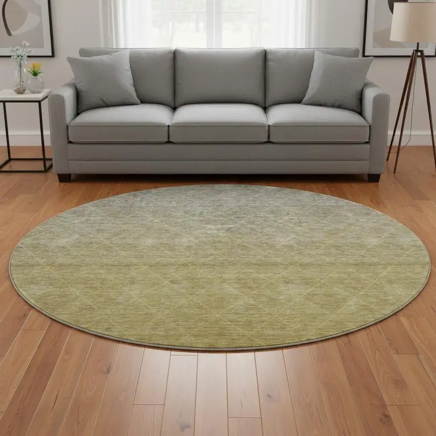 8' Gold Beige And Taupe Geometric Washable Round Rug With UV Protection Photo 2