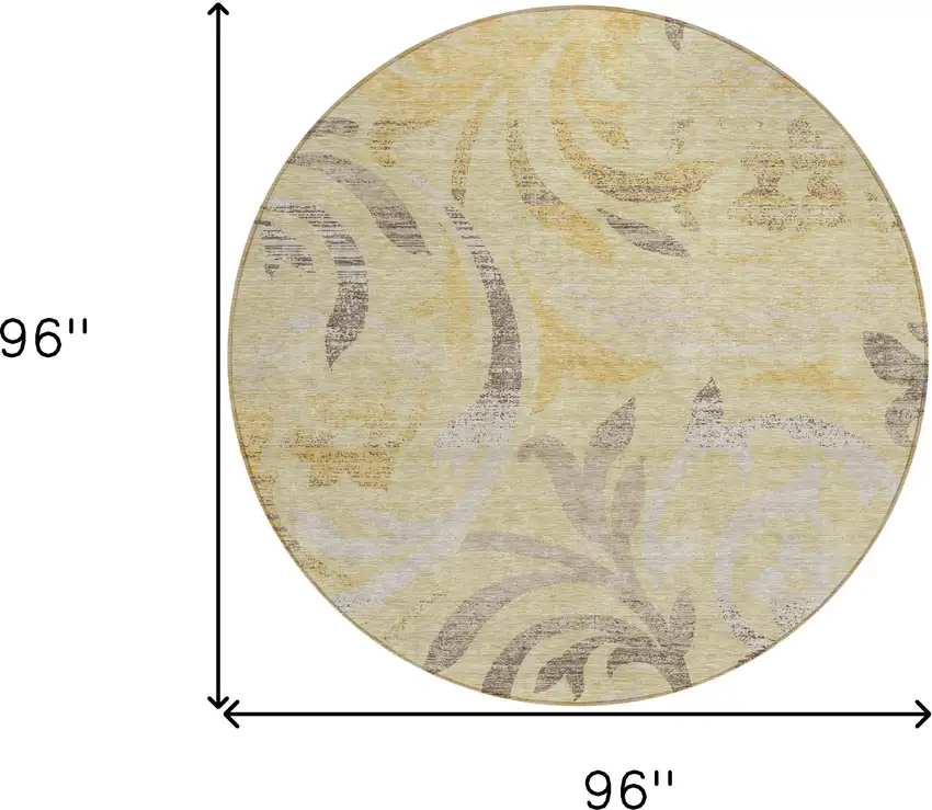 8' Gold Beige And Taupe Round Floral Washable Indoor Outdoor Area Rug Photo 7