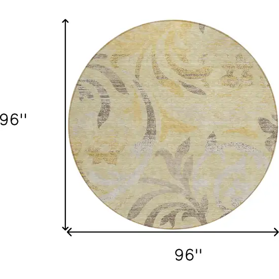 8' Gold Beige And Taupe Round Floral Washable Indoor Outdoor Area Rug Photo 7