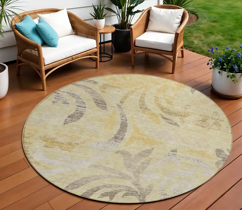 8' Gold Beige And Taupe Round Floral Washable Indoor Outdoor Area Rug Photo 1