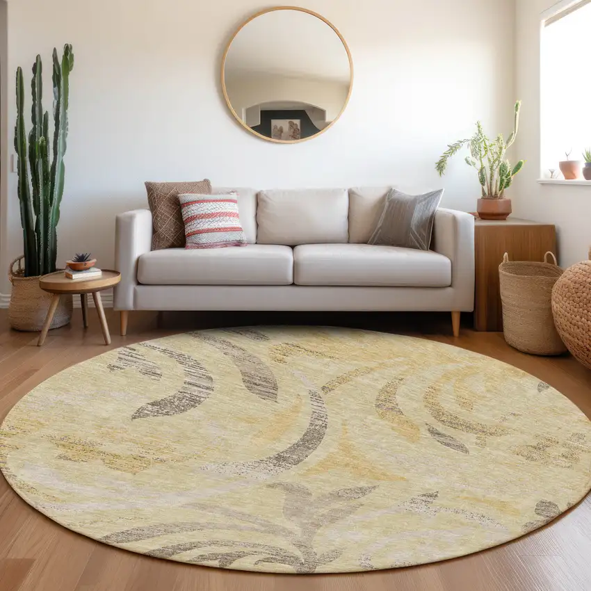 8' Gold Beige And Taupe Round Floral Washable Indoor Outdoor Area Rug Photo 6