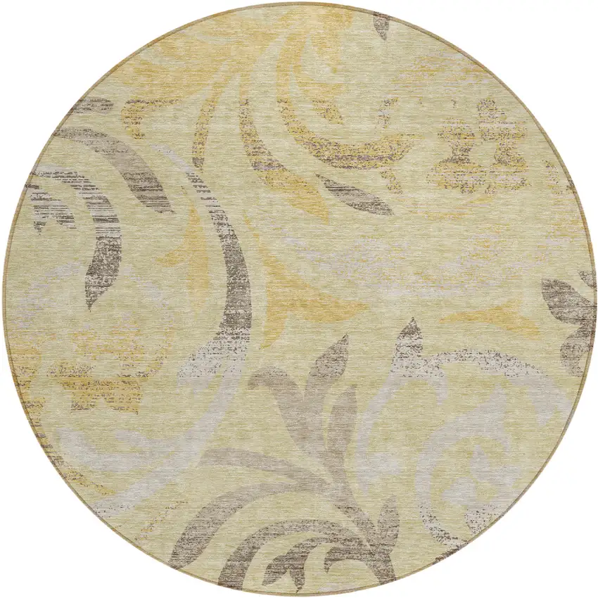 8' Gold Beige And Taupe Round Floral Washable Indoor Outdoor Area Rug Photo 1