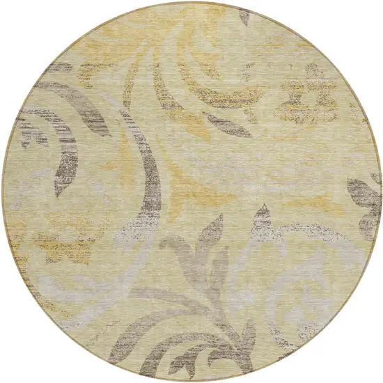8' Gold Beige And Taupe Round Floral Washable Indoor Outdoor Area Rug Photo 1